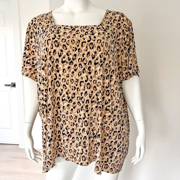 Susan Graver Tops - Susan Graver Womens Plus 5X Leopard Print Liquid Knit Tunic Top Square Neck